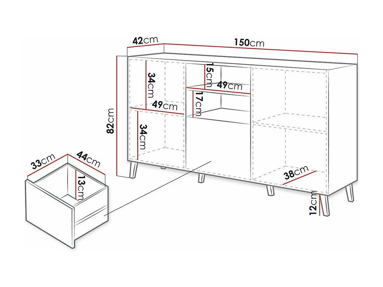Cómoda Charlotte 143, Blanco brillante|Blanco, Con cajones y puertas, 82x150x42cm