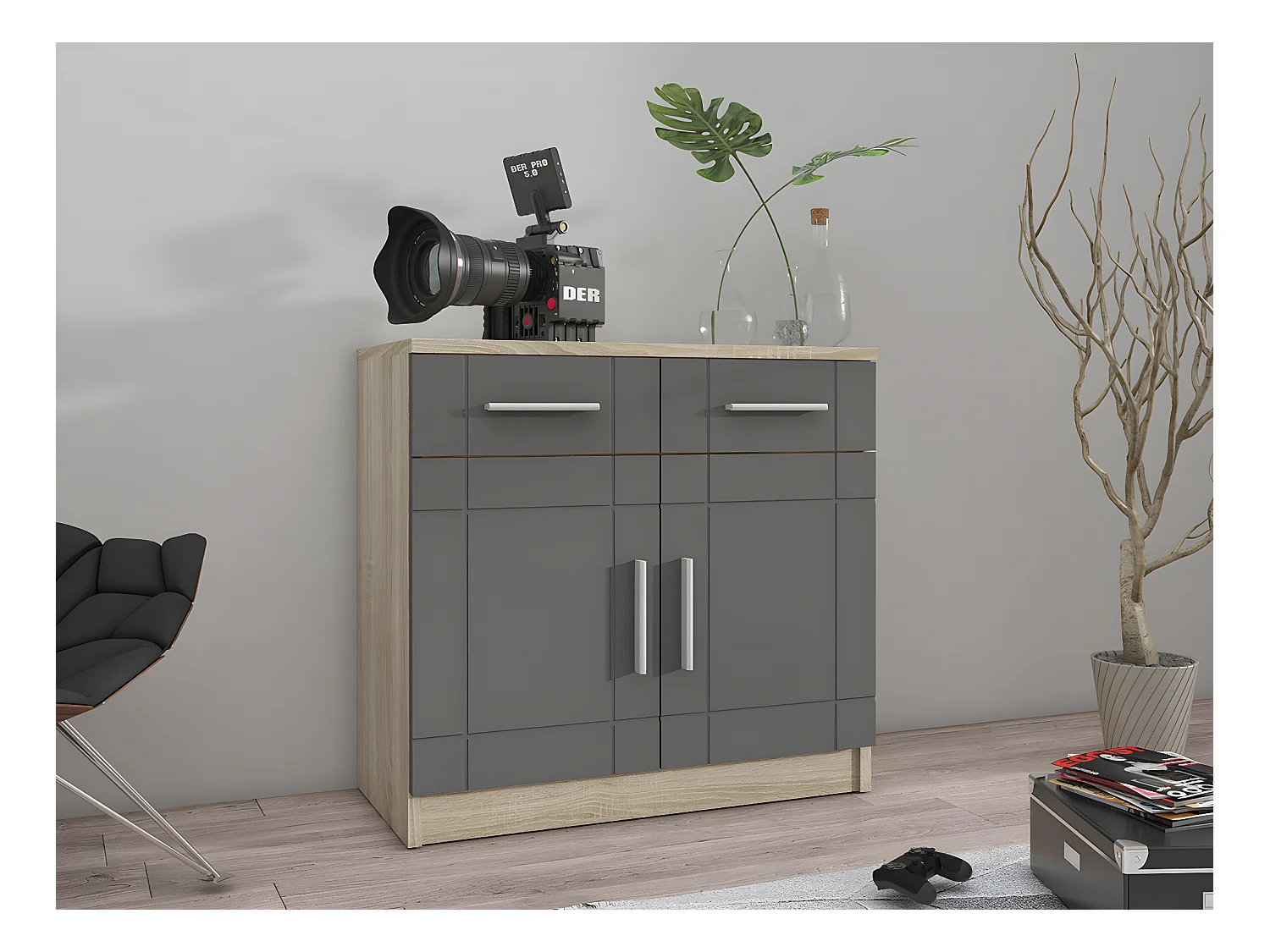 Commode Tucson 144, Graphite|Sonoma chêne, Avec tiroirs et portes, Nombre de tiroirs: 2,