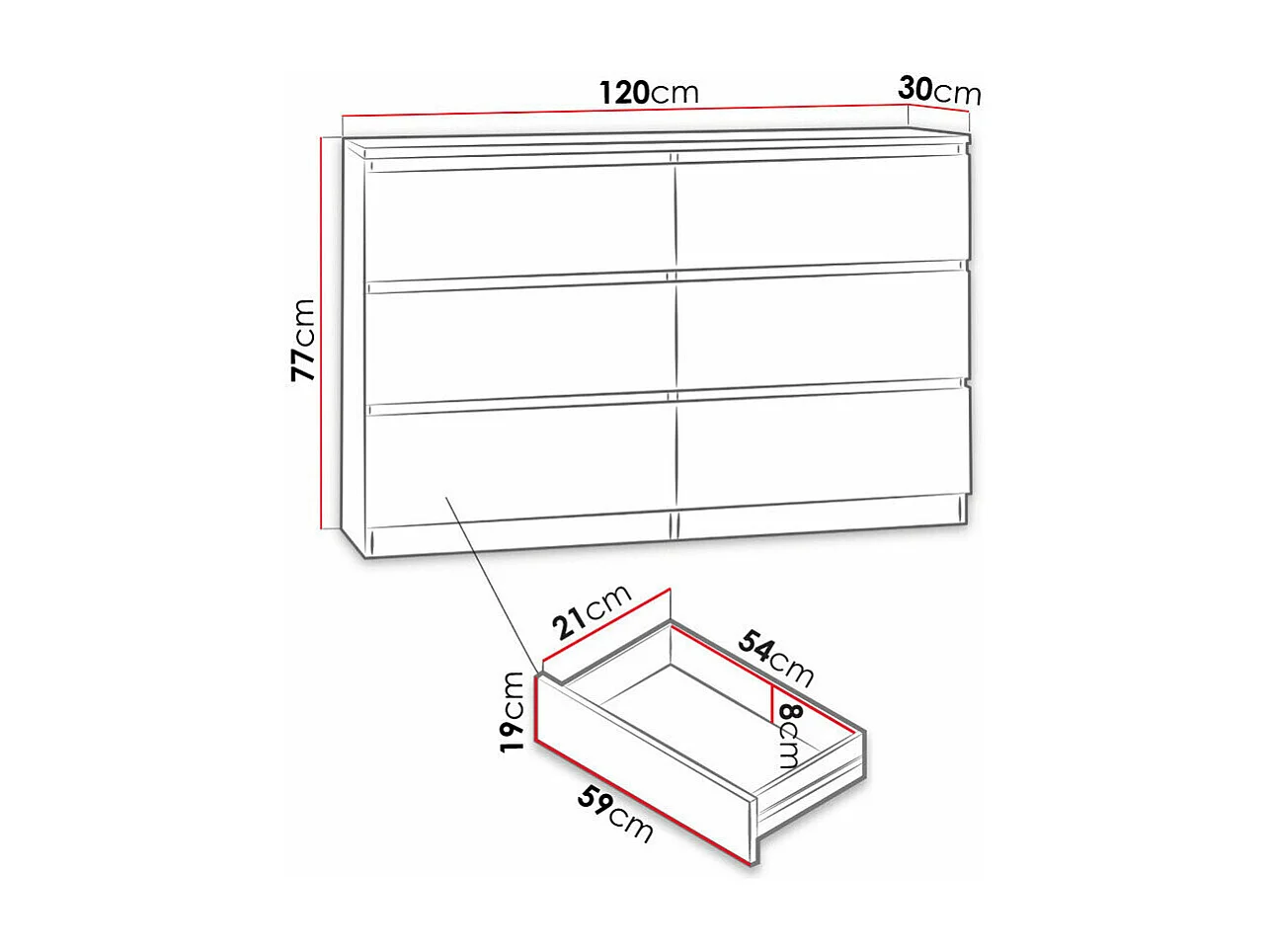 Cómoda Comfivo 186, Roble Sonoma, Con cajones, Número de cajones: 6, 77x120x30cm