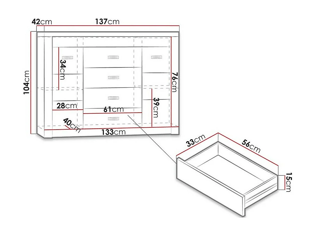 Cómoda Serfeno 104, Fresno oscuro, Con cajones y puertas, Número de cajones: 4, 104x137cm