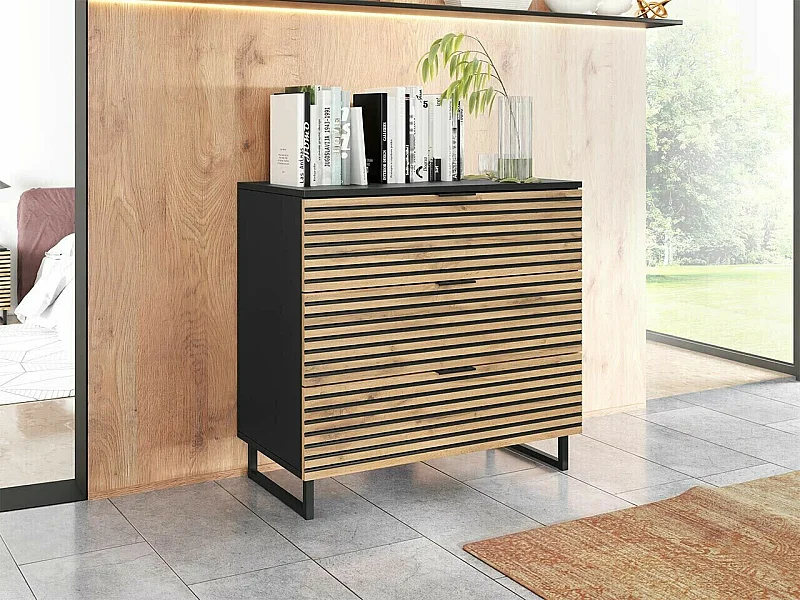 Commode Levsoni 101, Graphite|Chêne wotan, Avec tiroirs, 76x80x40cm