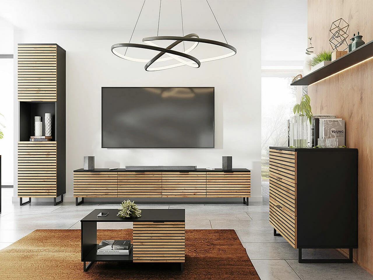 Cómoda Levsoni 101, Grafito|Roble wotan, Con cajones, 76x80x40cm