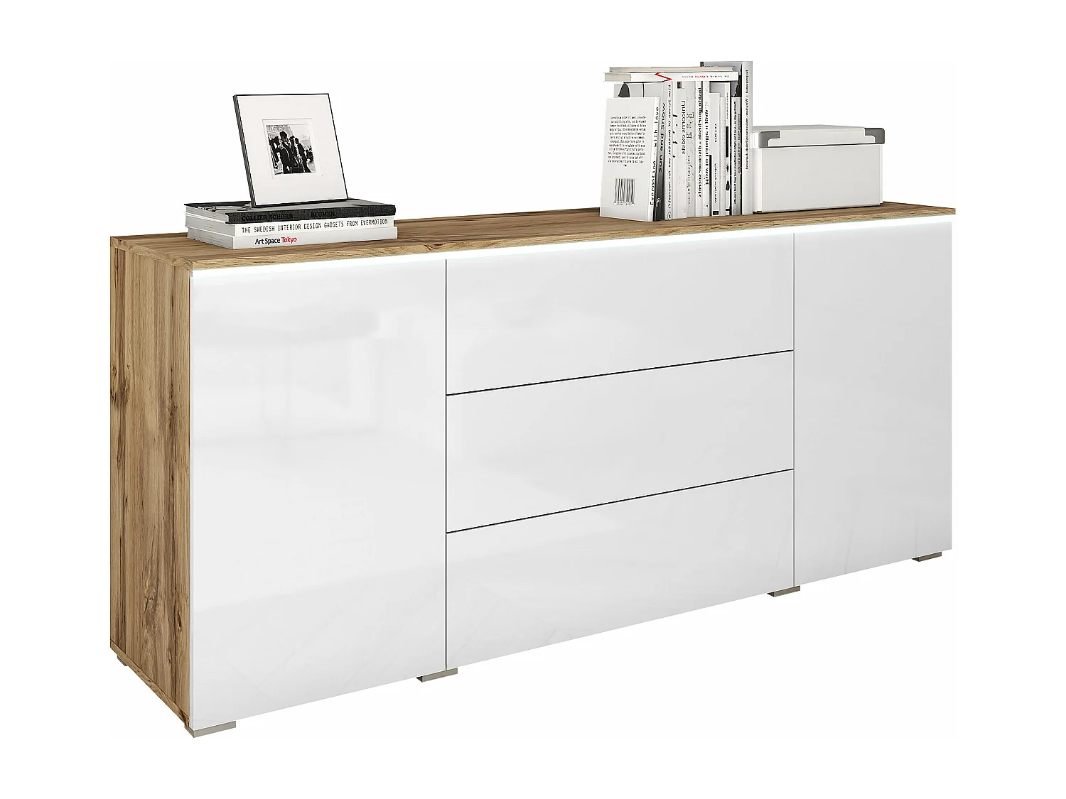 Commode Sarasota 142, Blanc brillant|Chêne wotan, Tiroirs et portes, Nombre de tiroirs: 3