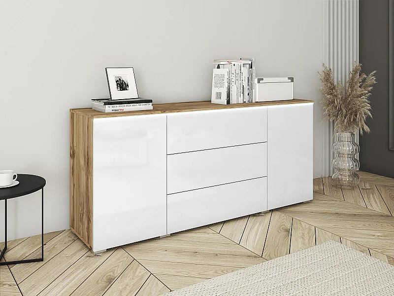 Commode Sarasota 142, Blanc brillant|Chêne wotan, Tiroirs et portes, Nombre de tiroirs: 3