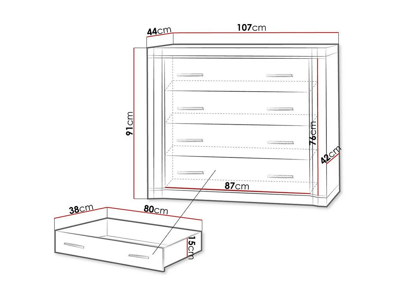 Cómoda Lorelie 101, Trufa roble, Con cajones, Número de cajones: 4, 91x107x44cm