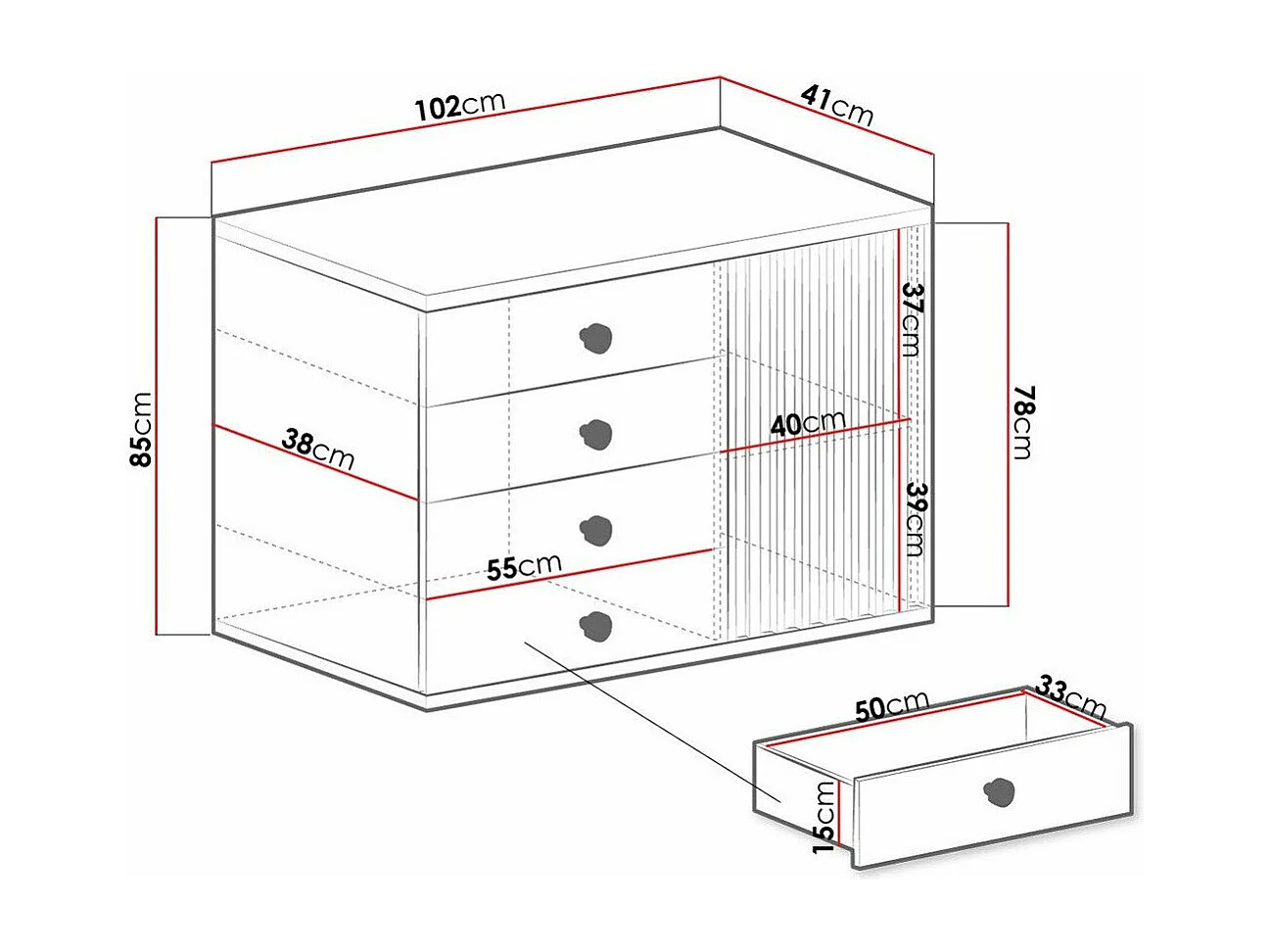Commode Venmava 104, Noir|Chêne Artisan, Tiroirs et portes, Nombre de tiroirs: 4, 85x41cm