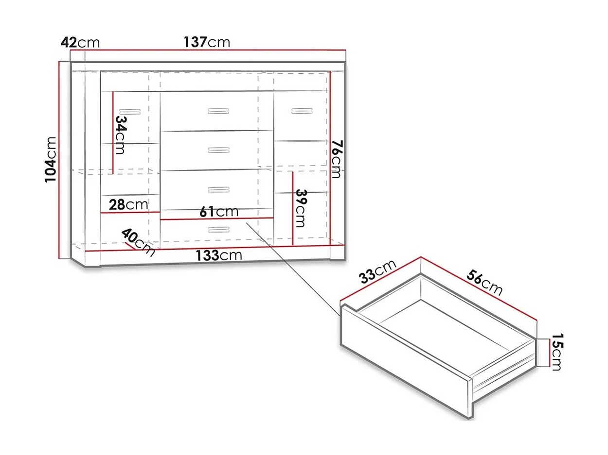 Cómoda Serfeno 104, Fresno, Con cajones y puertas, Número de cajones: 4, 104x137x42cm