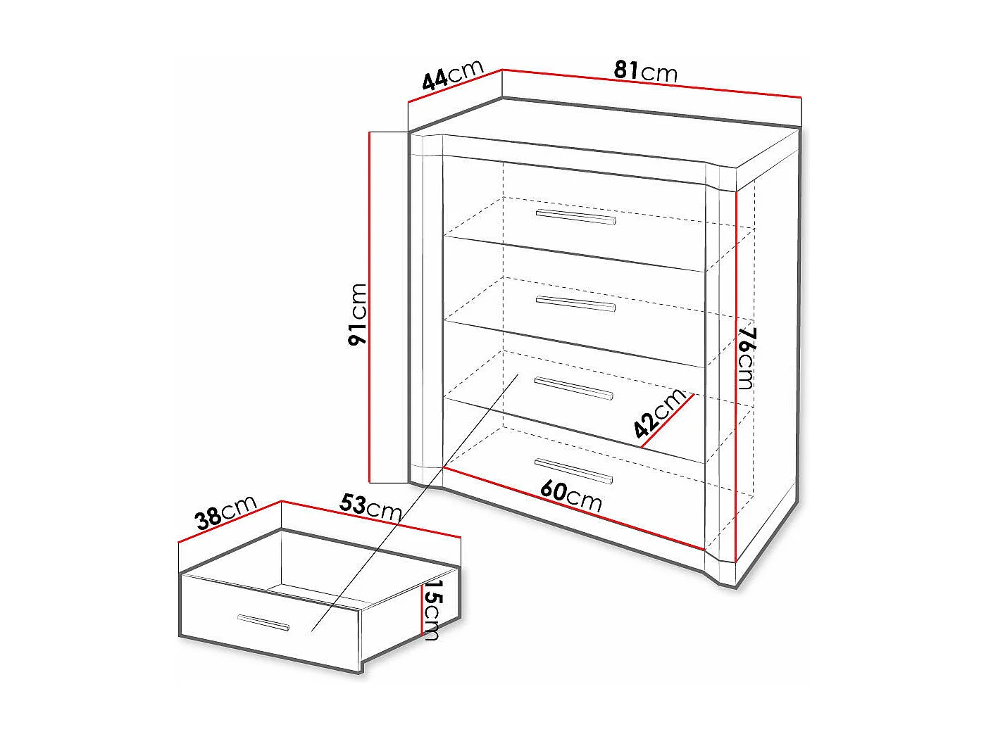 Cómoda Lorelie 103, Con cajones, Número de cajones: 4, 91x81x44cm