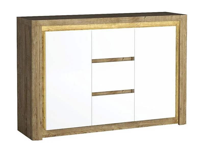 Commode Etrmona 106, Blanc brillant|Ribbeck chêne, Tiroirs et portes, 98x144x41cm