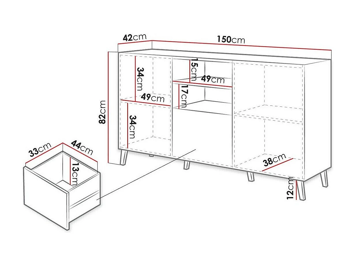 Cómoda Charlotte 143, Negro brillante|Negro, Con cajones y puertas, Número de cajones: 1