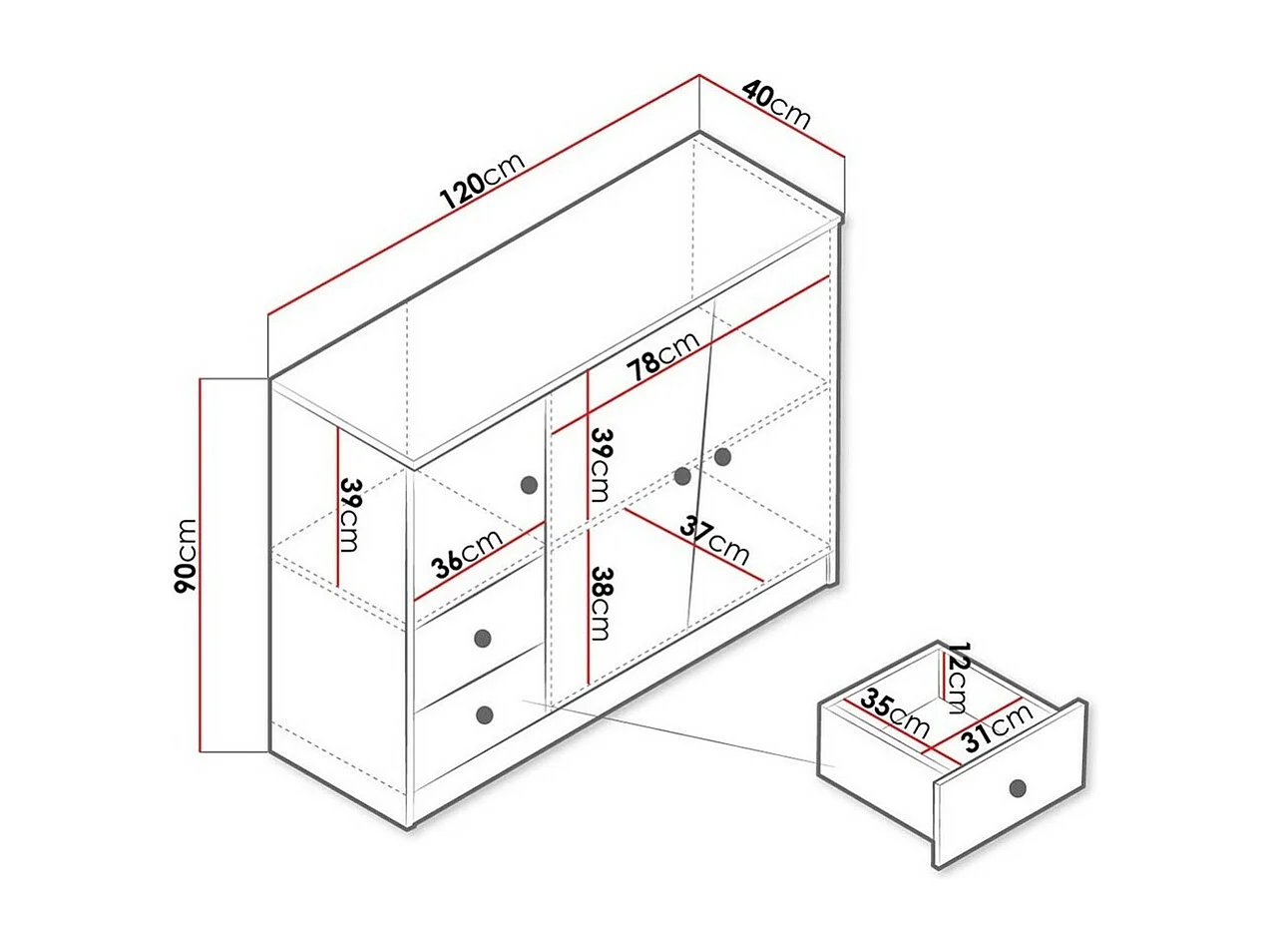 Cómoda Almira 106, Gris|Blanco|Roble Artisan, Con cajones y puertas, Número de cajones: 2