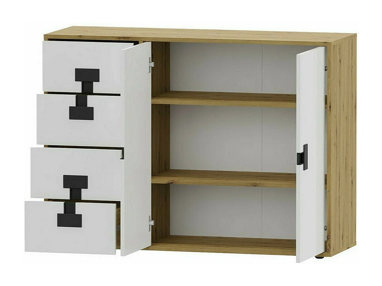 Commode Florevi 102, Chêne Artisan|Gris brillant, Tiroirs et portes, Nombre de tiroirs: 4