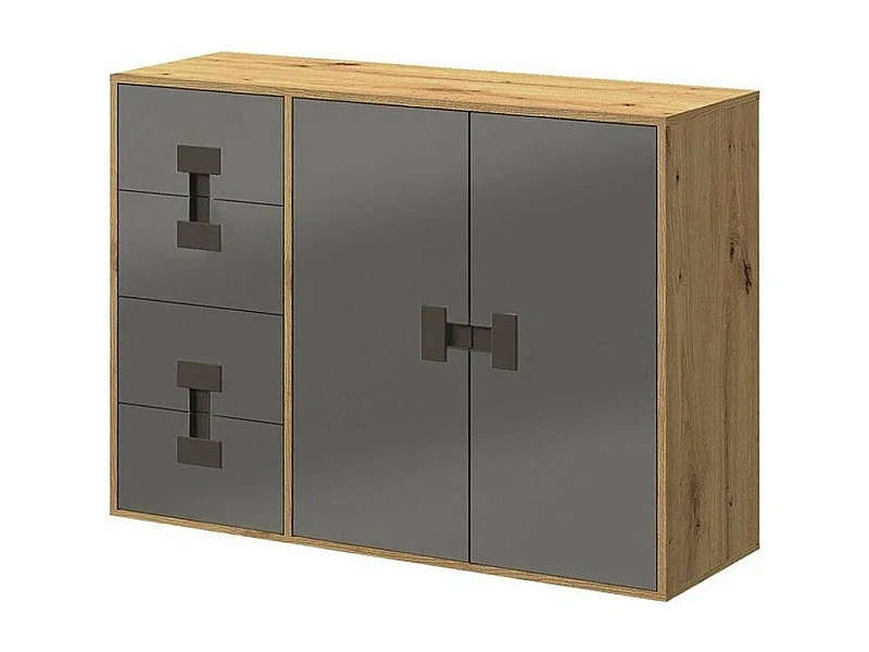 Commode Florevi 102, Chêne Artisan|Gris brillant, Tiroirs et portes, Nombre de tiroirs: 4
