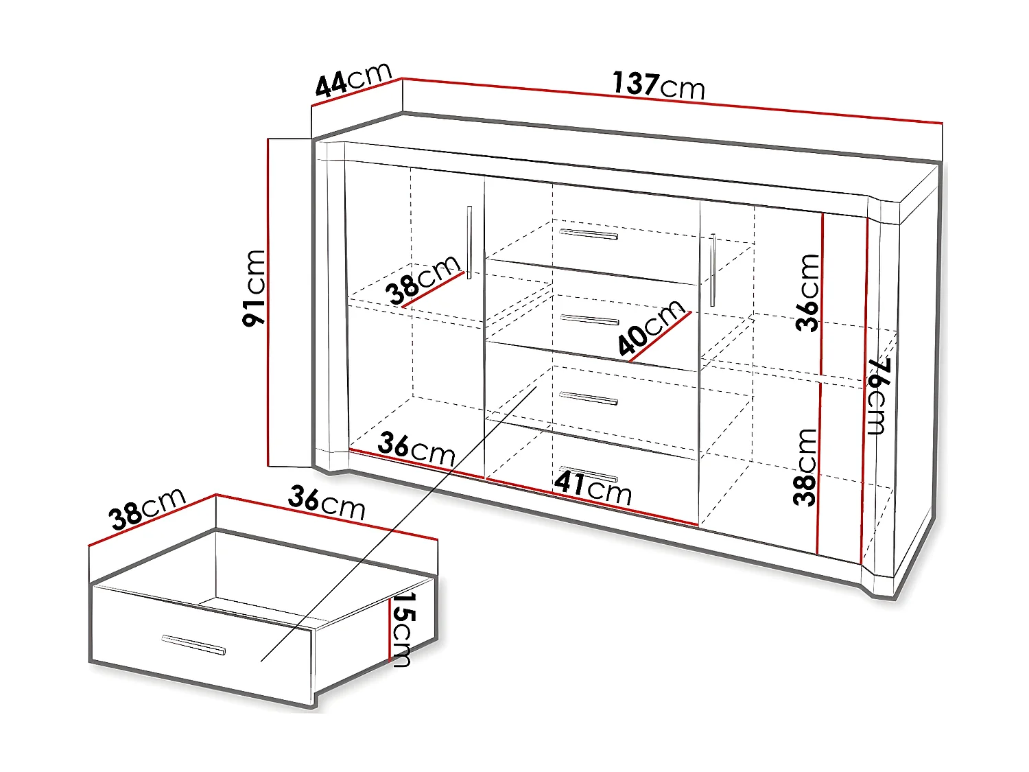 Cómoda Lorelie 104, Com gavetas e portas, Número de gavetas: 4
