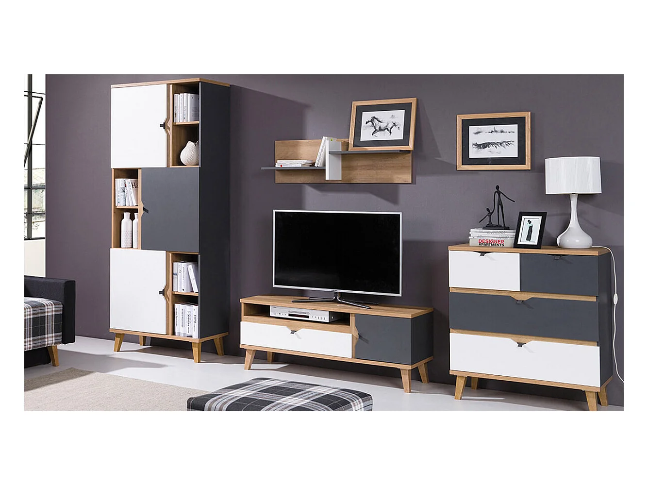 Cómoda Etrmoru 132, Blanco|Roble dorado|Grafito, Con cajones, Número de cajones: 4, 90cm