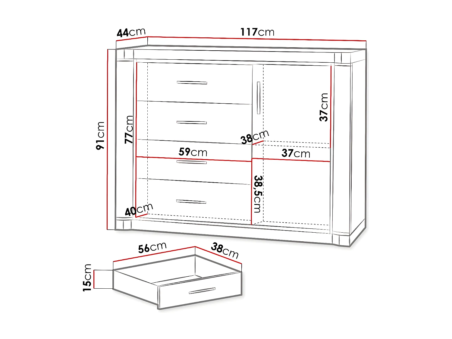 Cómoda Lorelie 102, Com gavetas e portas, Número de gavetas: 4