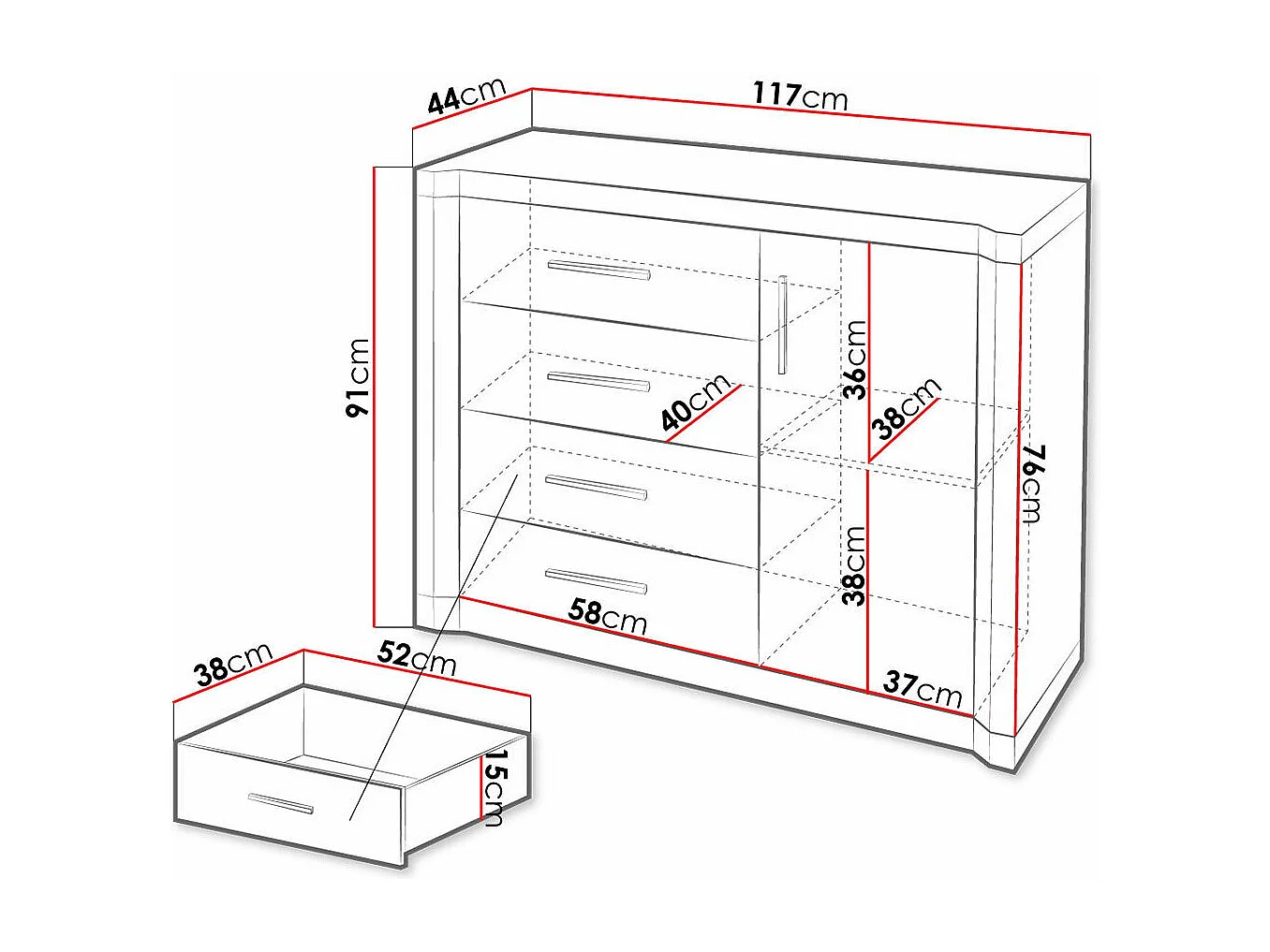 Commode Lorelie 102, Truffe chêne, Avec tiroirs et portes, Nombre de tiroirs: 4, 91x117cm