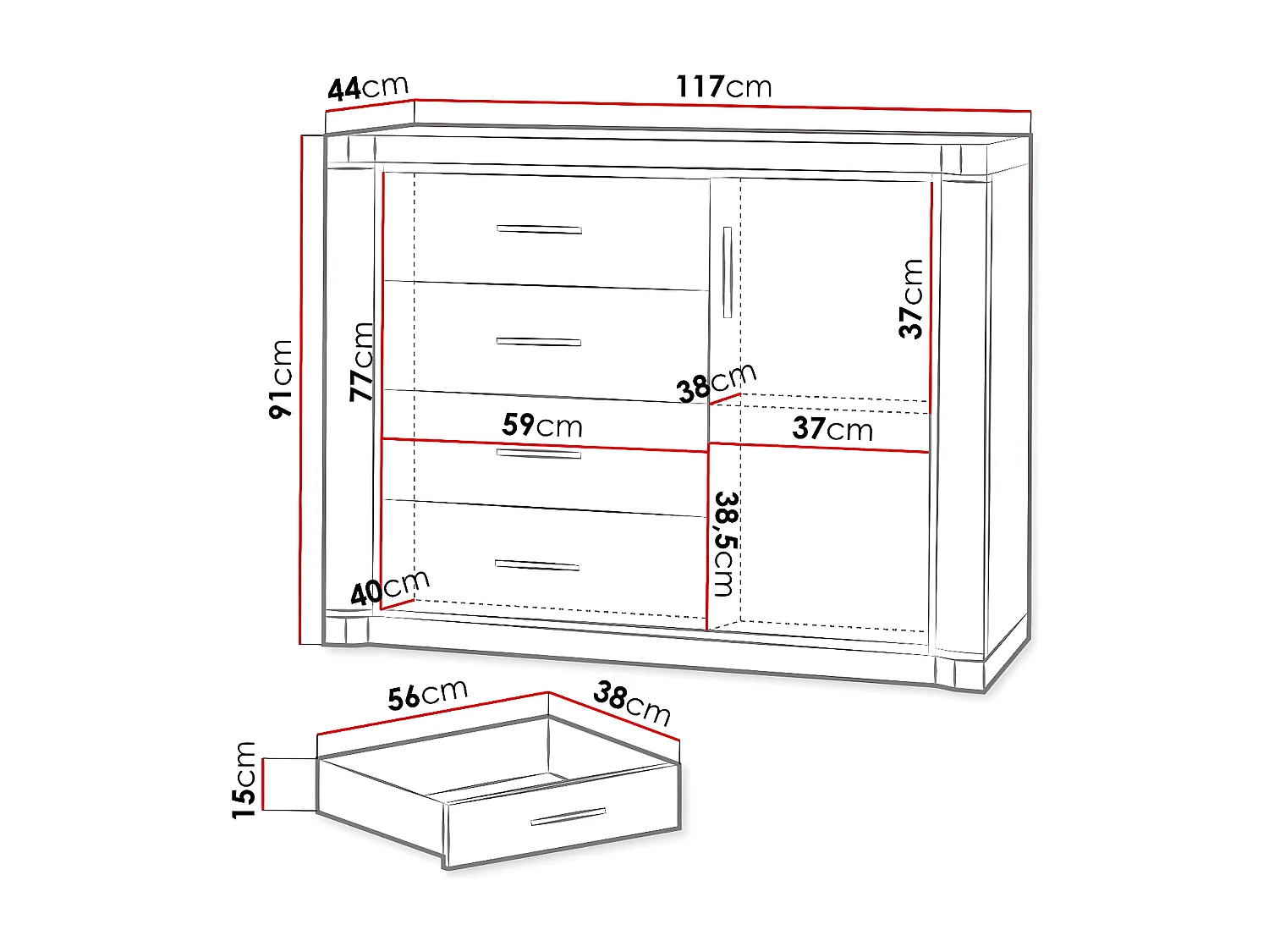 Cómoda Lorelie 102, Com gavetas e portas, Número de gavetas: 4