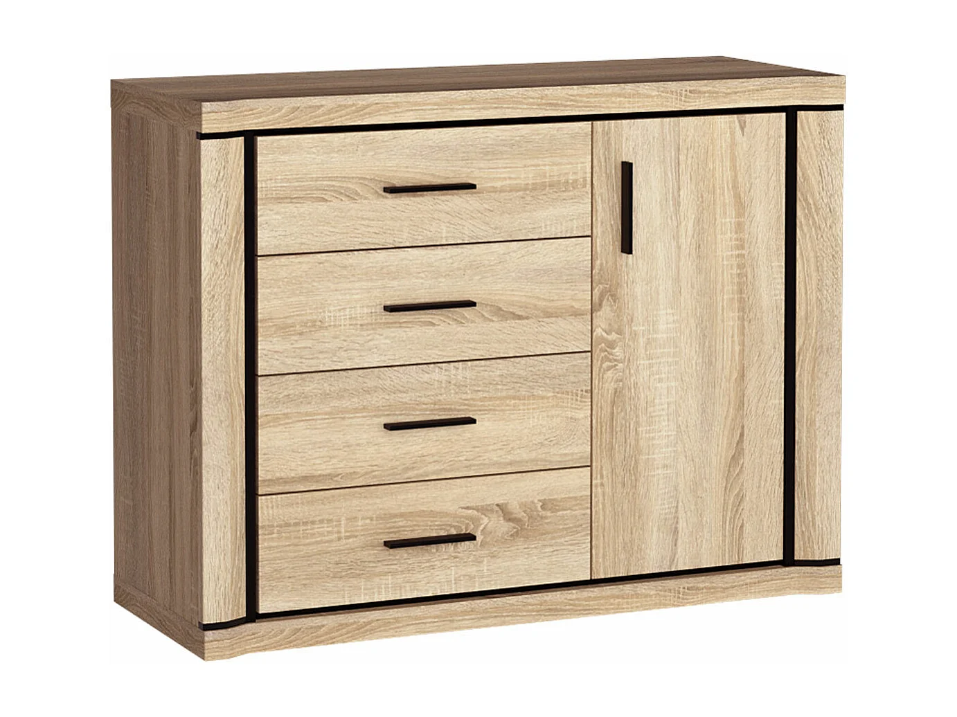 Cómoda Lorelie 102, Roble Sonoma, Con cajones y puertas, Número de cajones: 4, 91x117cm