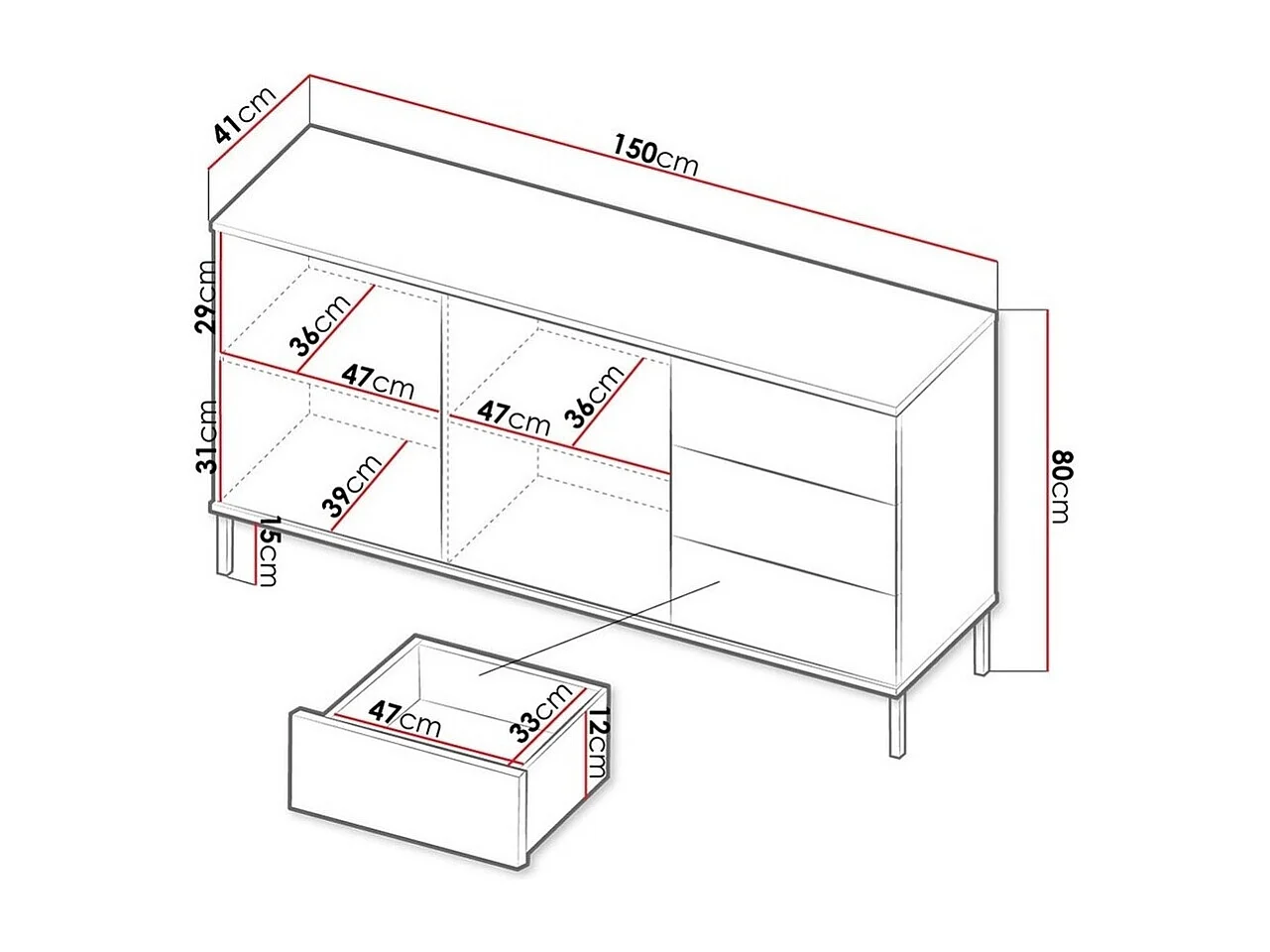 Cómoda Lomsore 104, Com gavetas e portas, Número de gavetas: 3