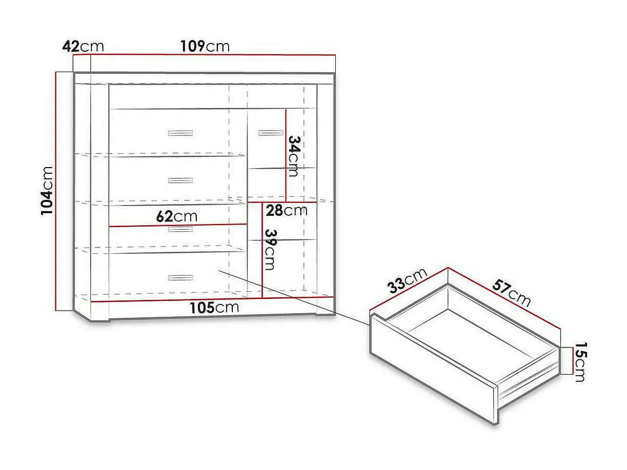Cómoda Serfeno 115, Fresno, Con cajones y puertas, Número de cajones: 4, 104x109x42cm