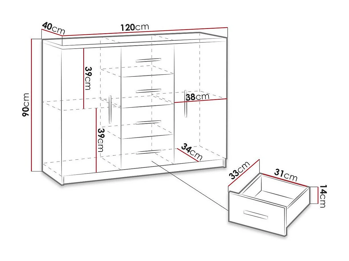 Cómoda Catromi 100, Roble Artisan, Con cajones y puertas, Número de cajones: 4, 90x120cm