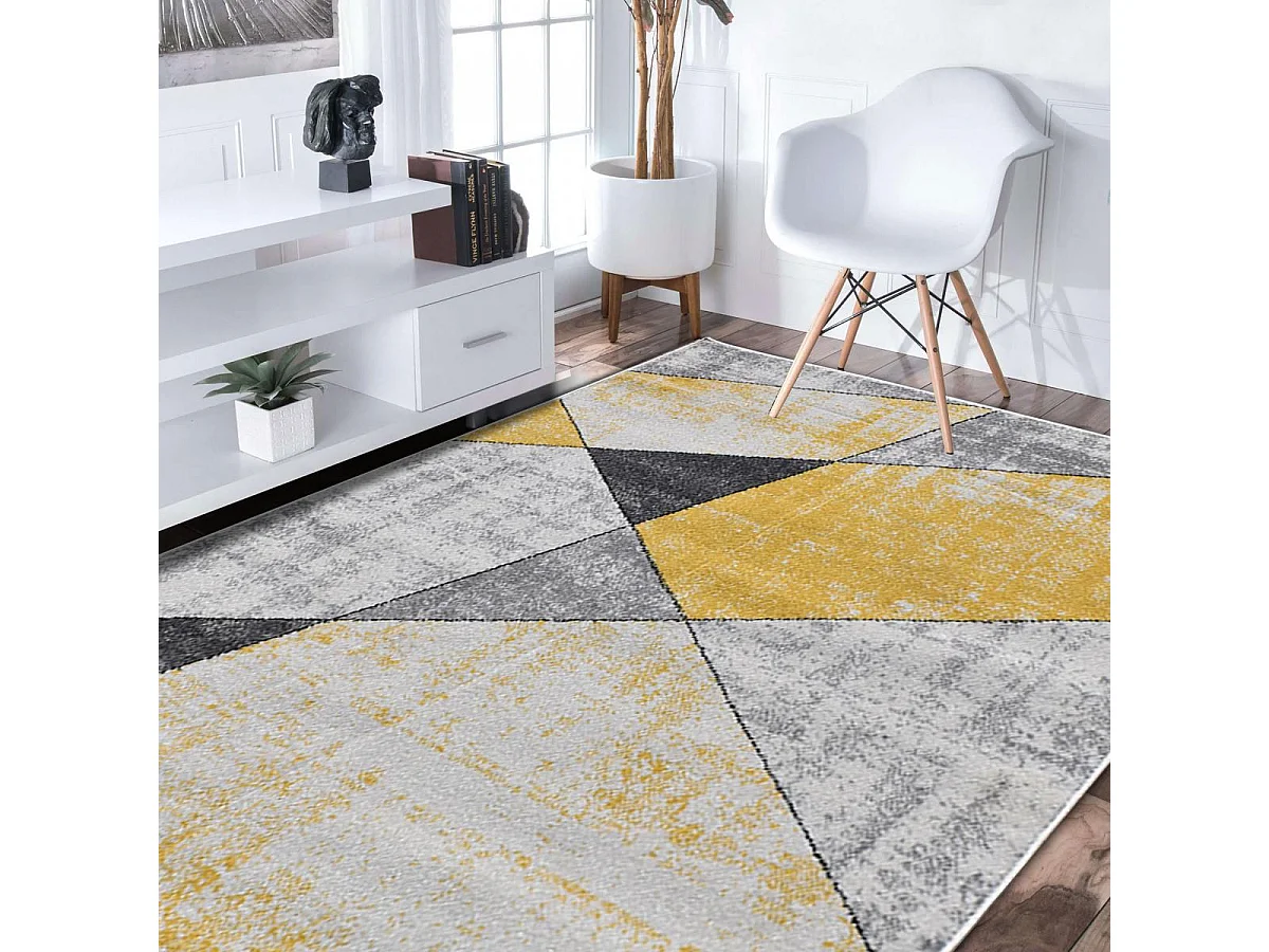 tapis salon 200x280 tissé jaune et gris rectangle motif géométrique ROSALINE