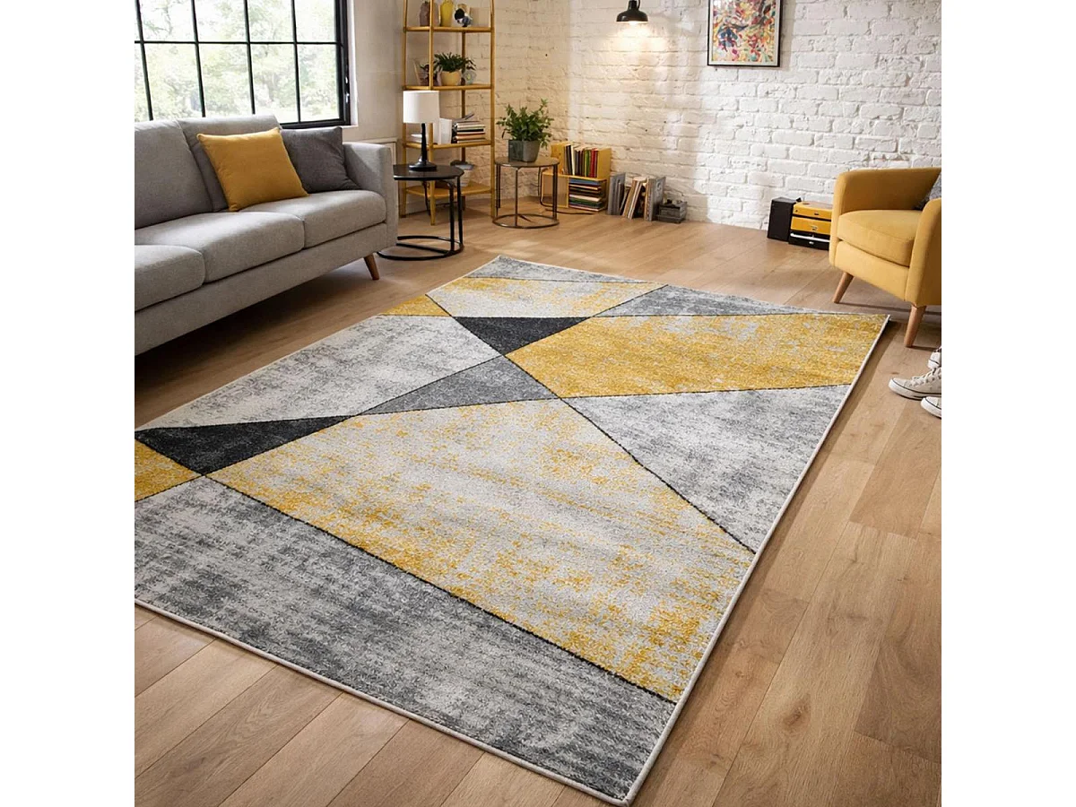 tapis salon 200x280 tissé jaune et gris rectangle motif géométrique ROSALINE