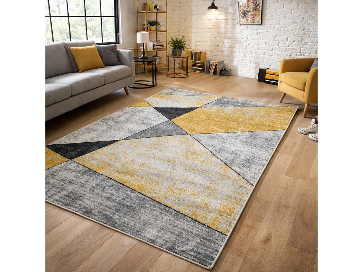 tapis salon 200x280 tissé jaune et gris rectangle motif géométrique ROSALINE