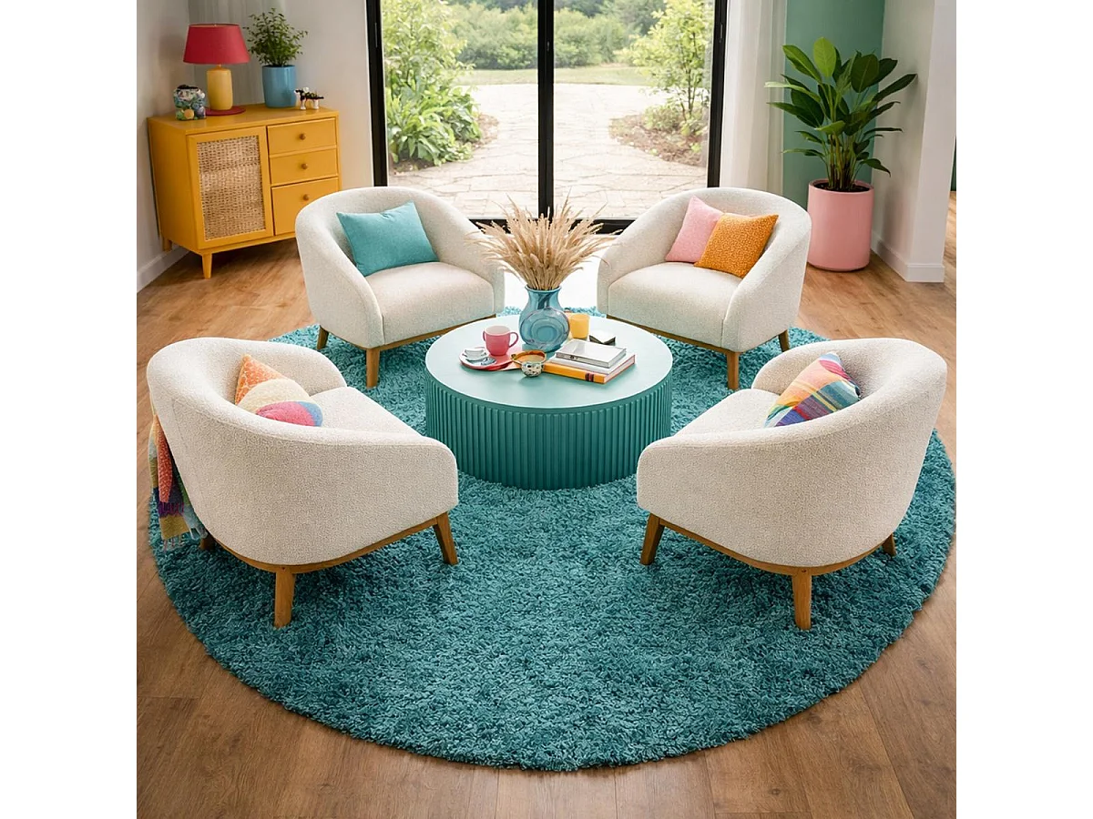 Tapis poils longs shaggy Ø120cm rond tissé turquoise motif uni UNI L