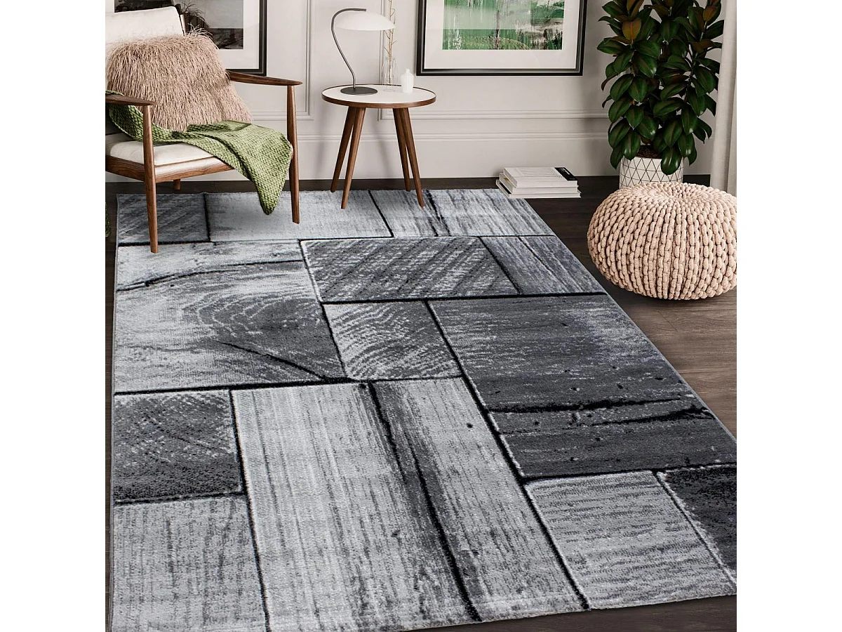 tapis salon 200x290 tissé gris clair et gris foncé rectangle motif géométrique