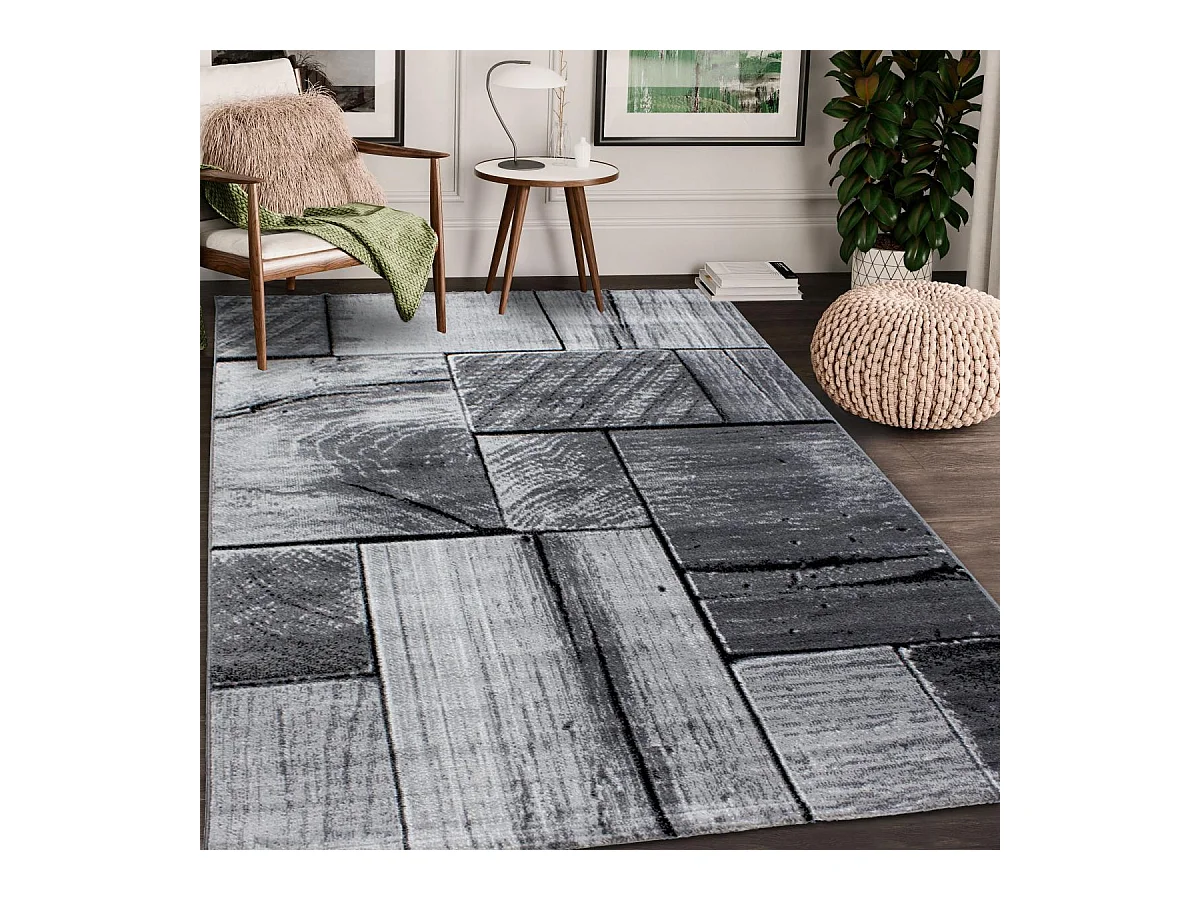 tapis salon 200x290 tissé gris clair et gris foncé rectangle motif géométrique