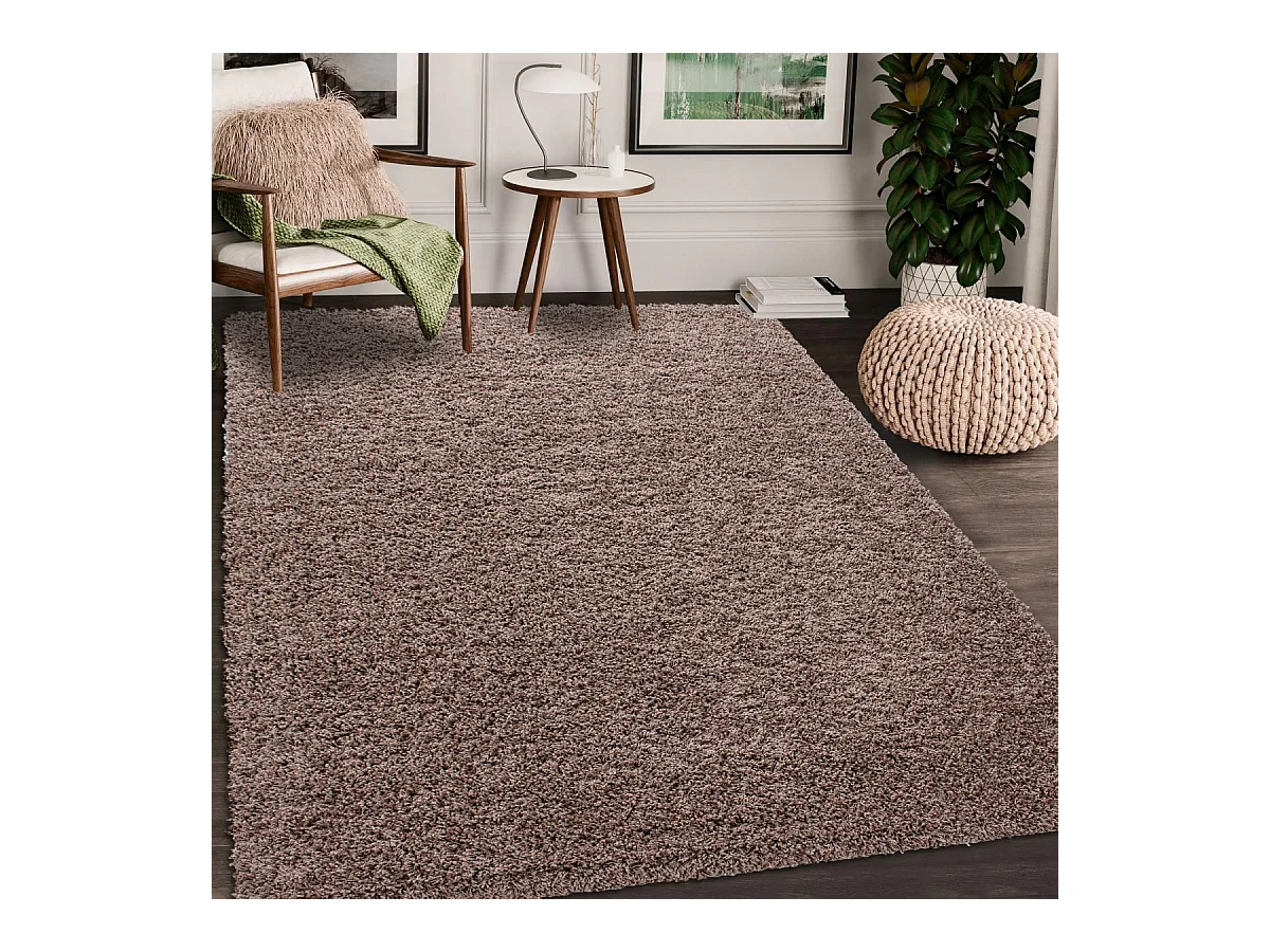 Tapis poils longs shaggy Ø200cm rond tissé mocca motif uni UNI L