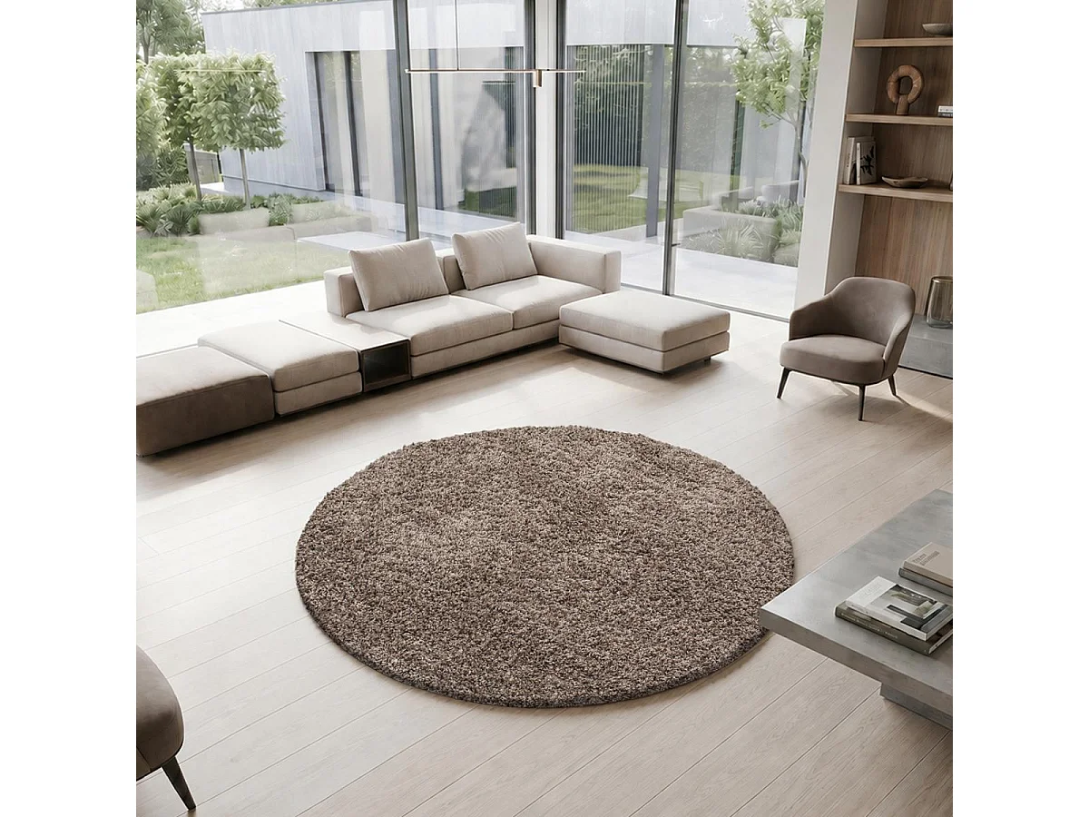 Tapis rond poils longs shaggy tissé motif uni UNI L