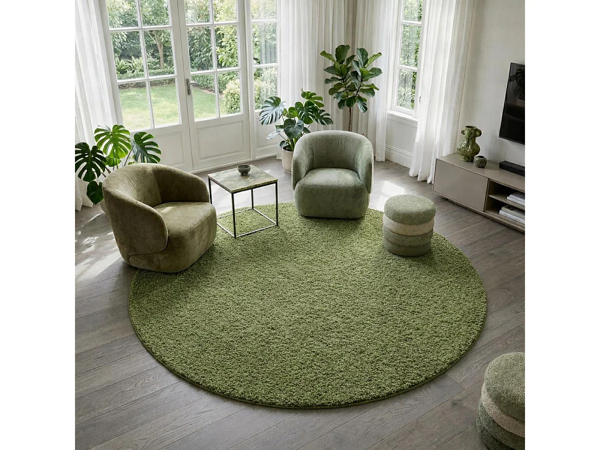 Tapis rond poils longs shaggy Ø160cm tissé vert motif uni UNI L