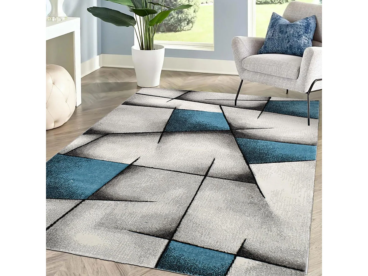 tapis entrée 60x110 tissé turquoise rectangle motif géométrique TRIANGULA