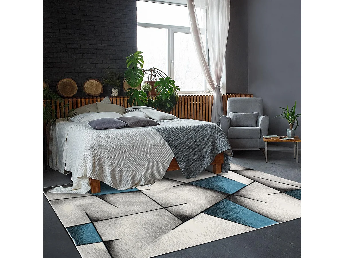 tapis entrée 60x110 tissé turquoise rectangle motif géométrique TRIANGULA