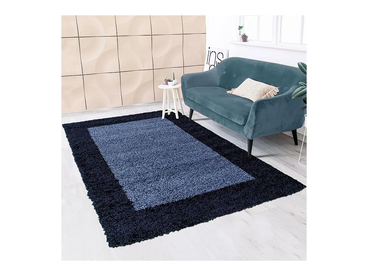 Tapis poils longs shaggy Ø200cm rond tissé bleu et bleu foncé motif simple
