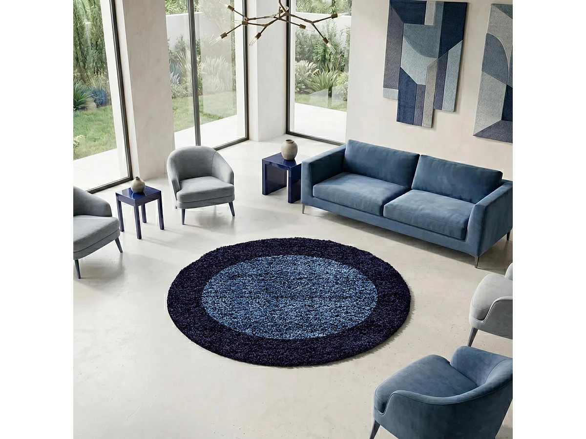 Alfombra peluda de pelo largo Ø200cm tejida redonda con motivos sencillos en azul y azul oscuro