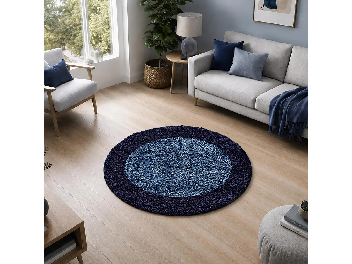 Alfombra peluda de pelo largo Ø200cm tejida redonda con motivos sencillos en azul y azul oscuro