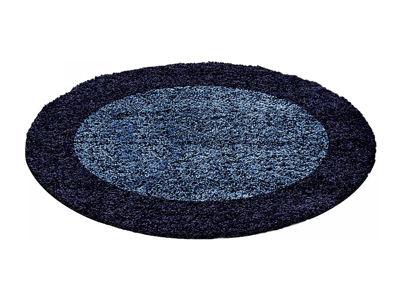 Tapis rond poils longs shaggy Ø200cm tissé bleu et bleu foncé motif simple