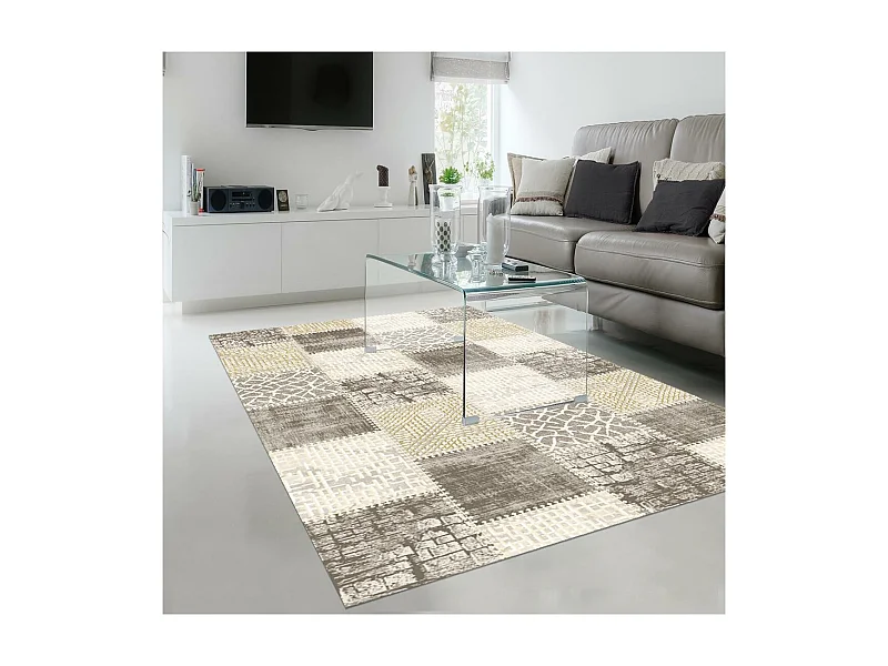 tapis salon 120x160 tissé marron et beige rectangle motif géométrique LYN7 SILICA