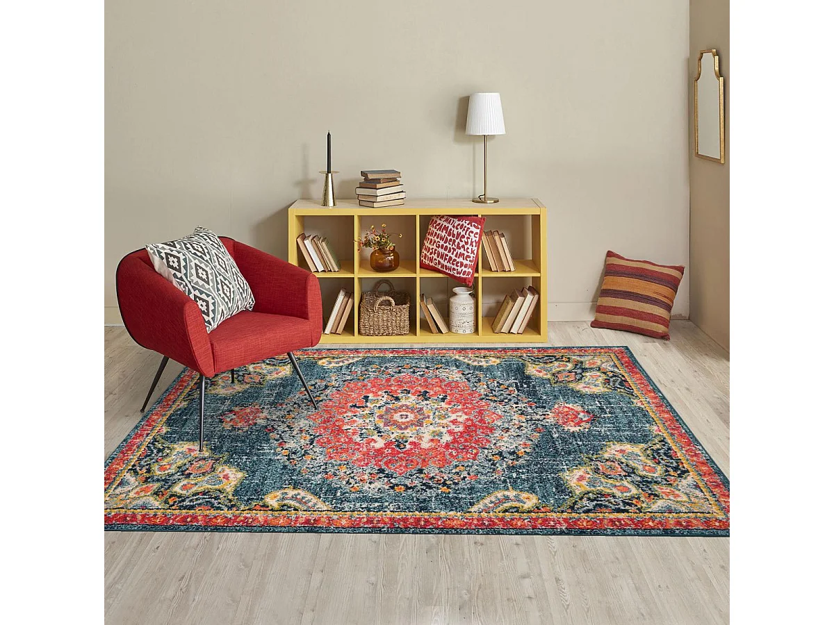 Tapis orient 120x170 rectangle turquoise et rouge tissé motif traditionnel OLCA