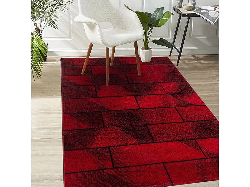 tapis salon 160x230 tissé rouge et noir rectangle motif géométrique OMEGOU