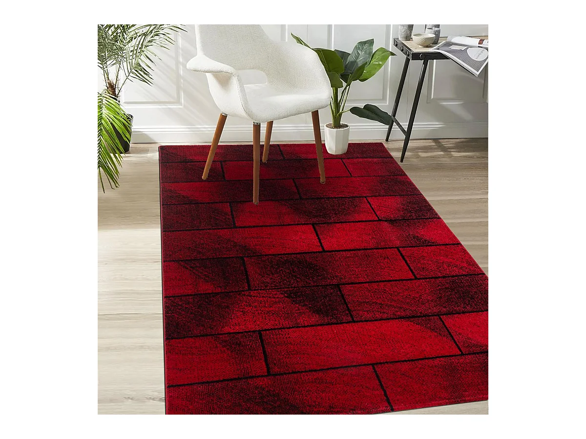 tapis salon 160x230 tissé rouge et noir rectangle motif géométrique OMEGOU
