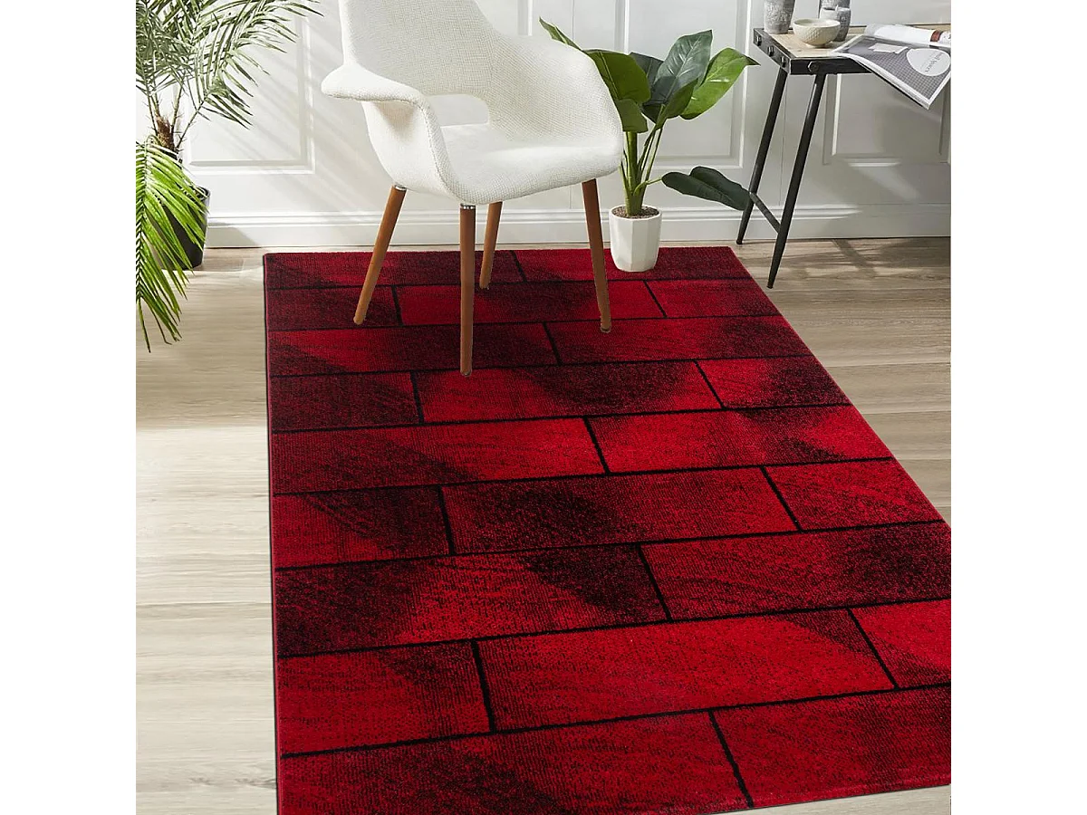 tapis salon 160x230 tissé rouge et noir rectangle motif géométrique OMEGOU