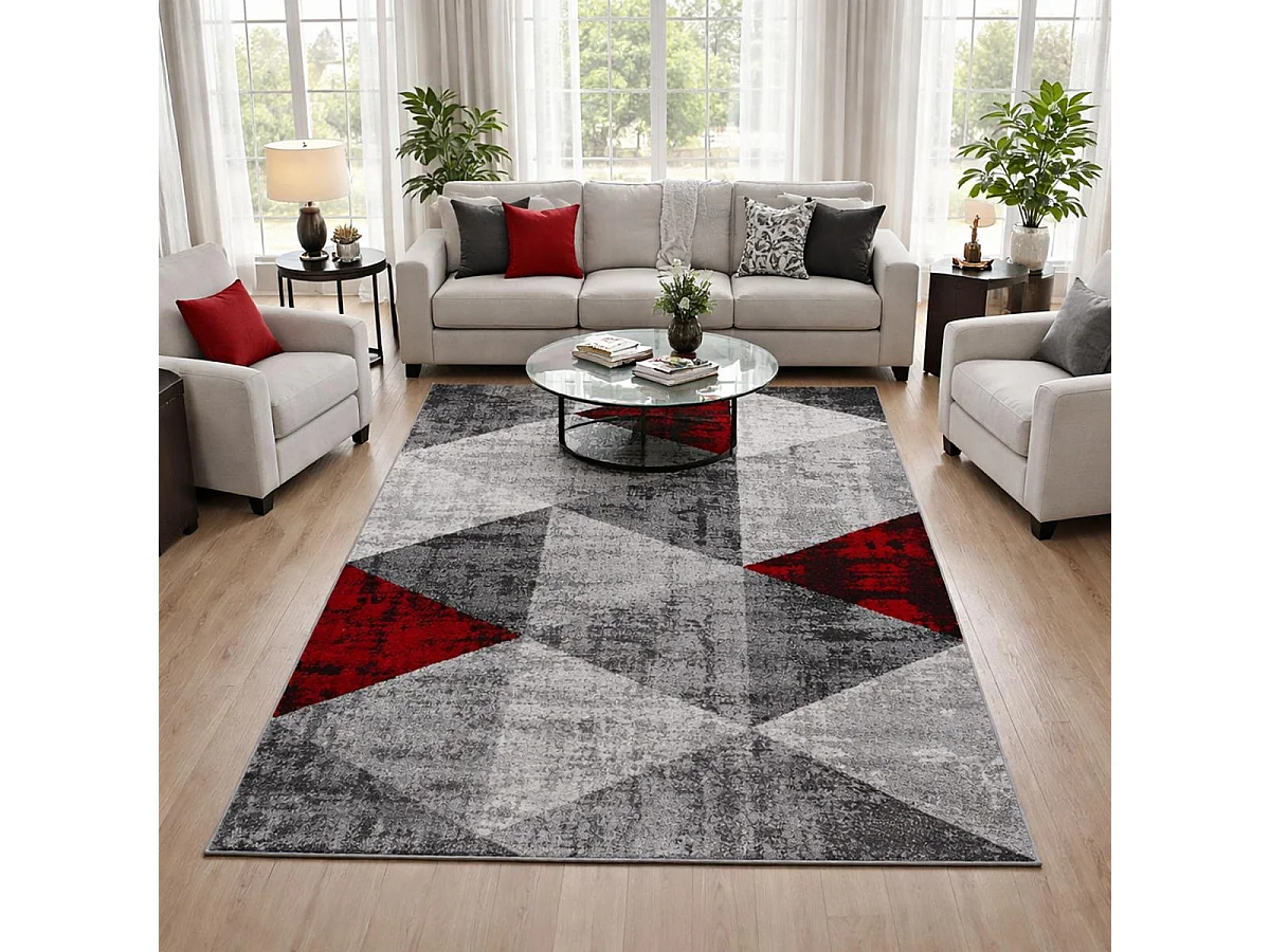 tapis chambre 150x220 tissé rouge et gris rectangle motif géométrique SOLTAM