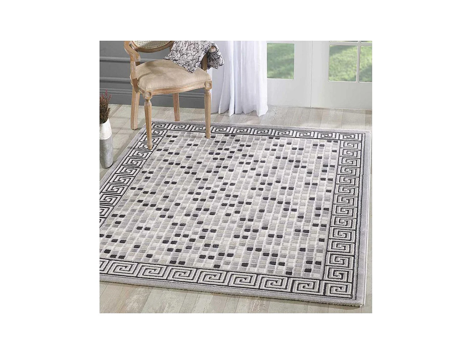 tapis salon 120x160 tissé gris clair rectangle motif géométrique LYN7 BERIM