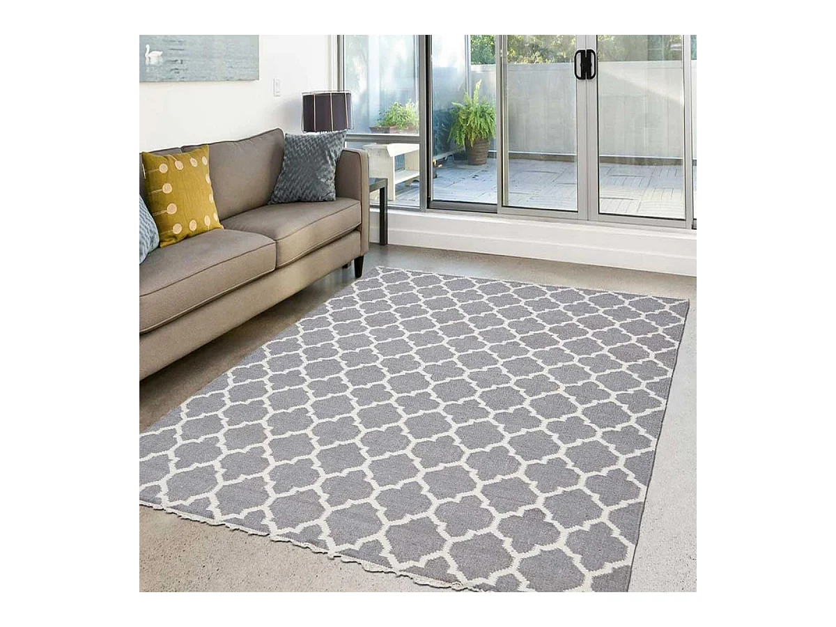 Tapis kilim 240x340 rectangle fait main en laine gris motif scandinave LYN12 AFRIRA