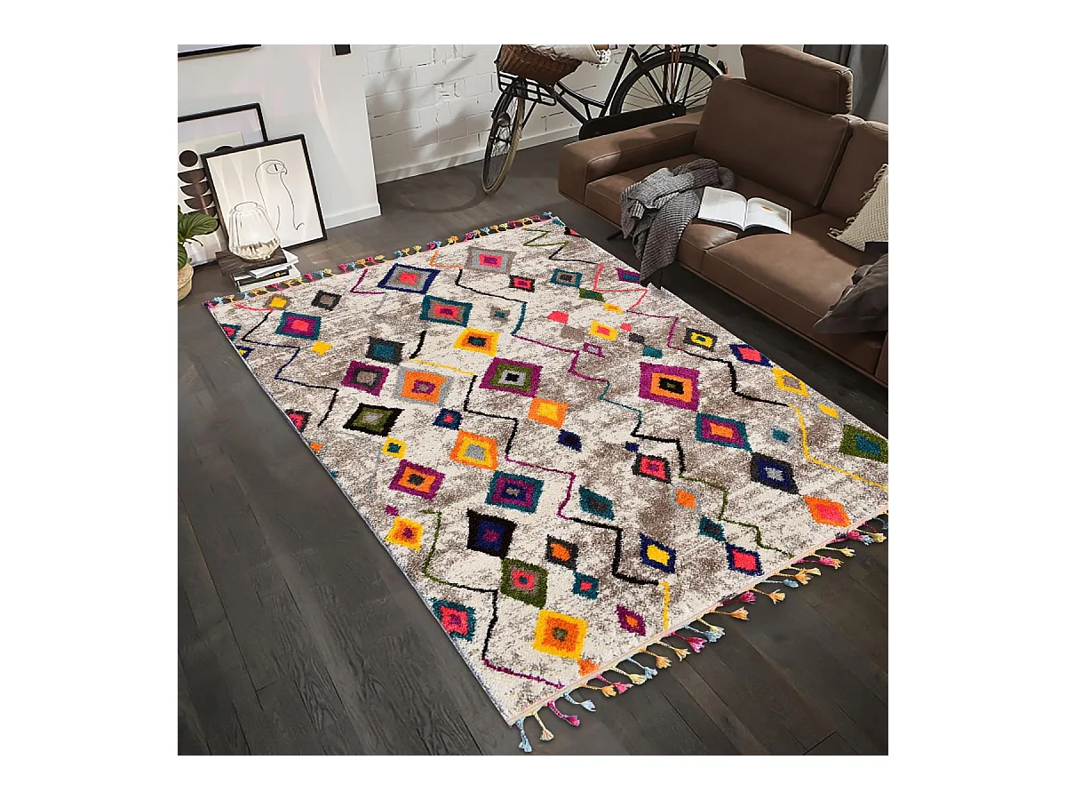 Tapis berbère 120x170 tissé motif ethnic LYN5 ESSARO gris et rouge